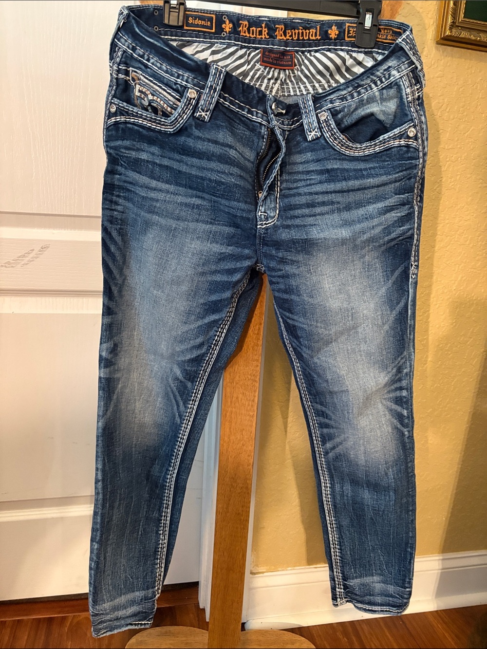 Rock Revival Blue Washed Slim Jeans Buckle  size 32 (14/16 us) distressed skinny